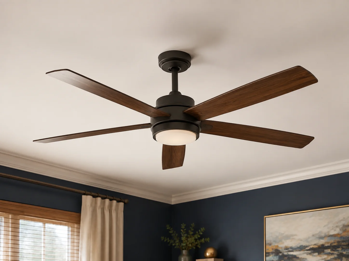 Illustrative architectural view of a stationary modern ceiling fan with an intact ceiling canopy