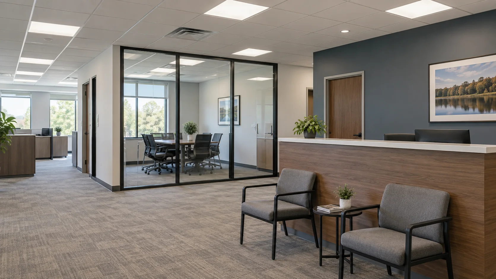 Illustrative view of a professional office reception and meeting space with ceiling lighting