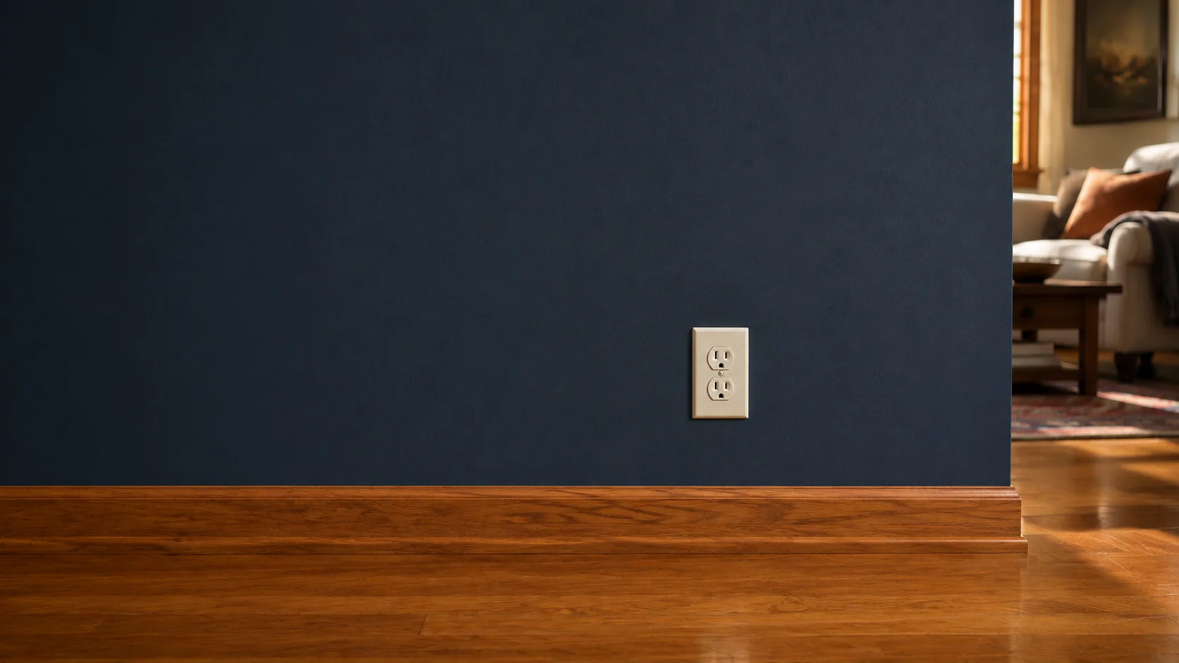 Illustrative finished electrical detail: an intact ivory outlet on a navy wall with warm oak trim and a living room beyond