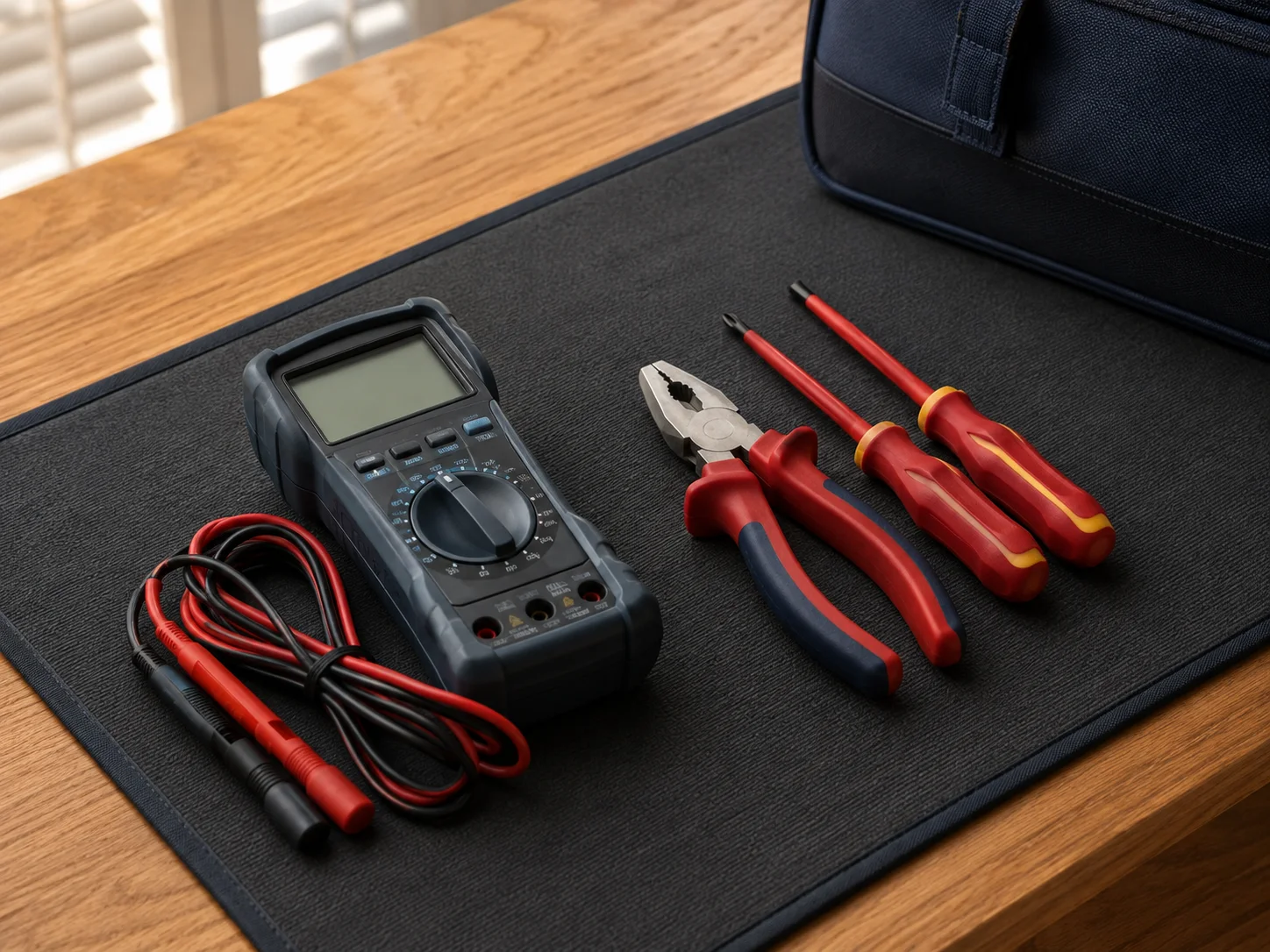 Illustrative electrician’s diagnostic kit with a rugged meter, organized test leads, pliers, and screwdrivers on a protective work mat