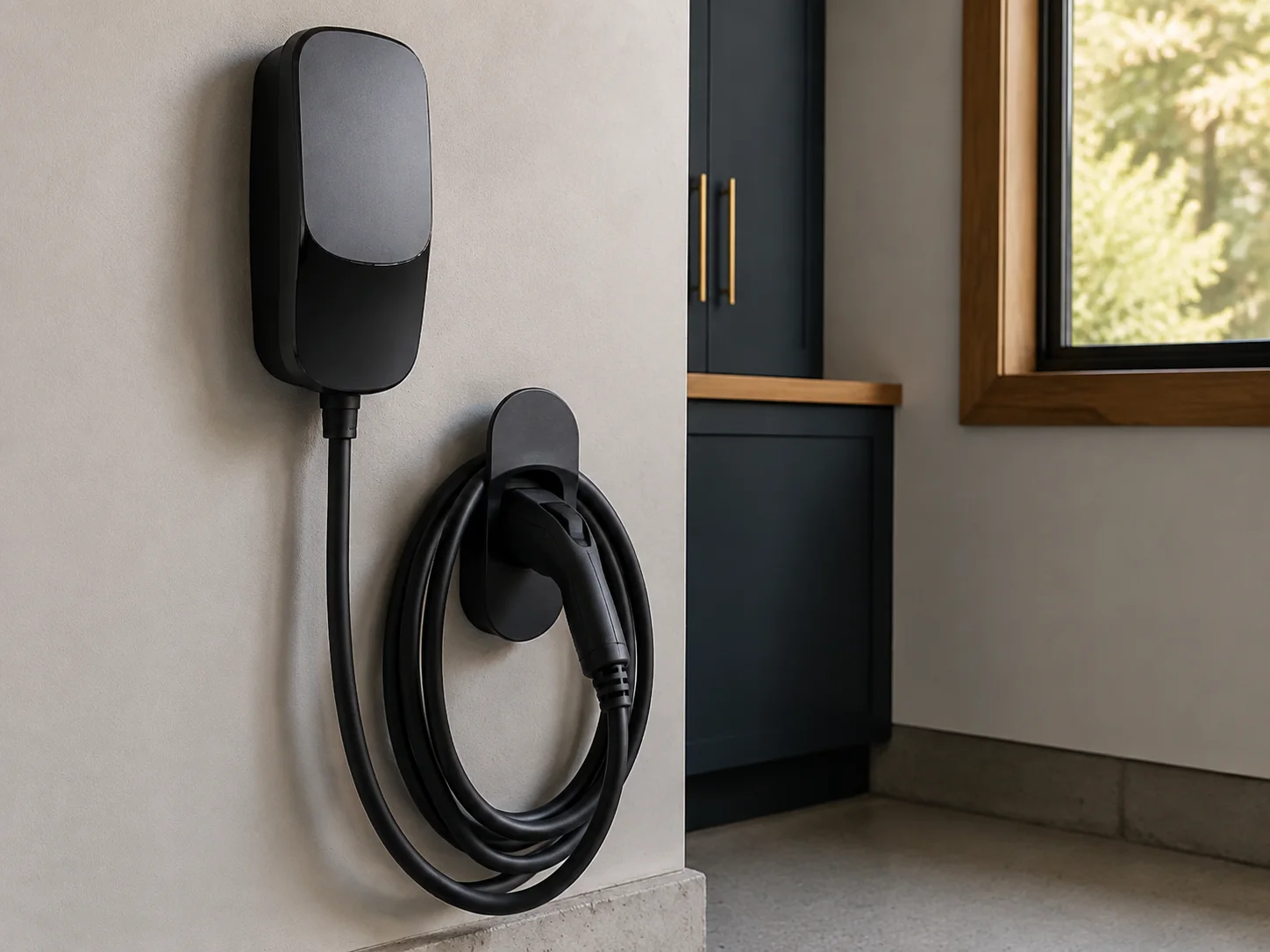 Illustrative close view of an unbranded wall-mounted EV charger with its cable neatly holstered