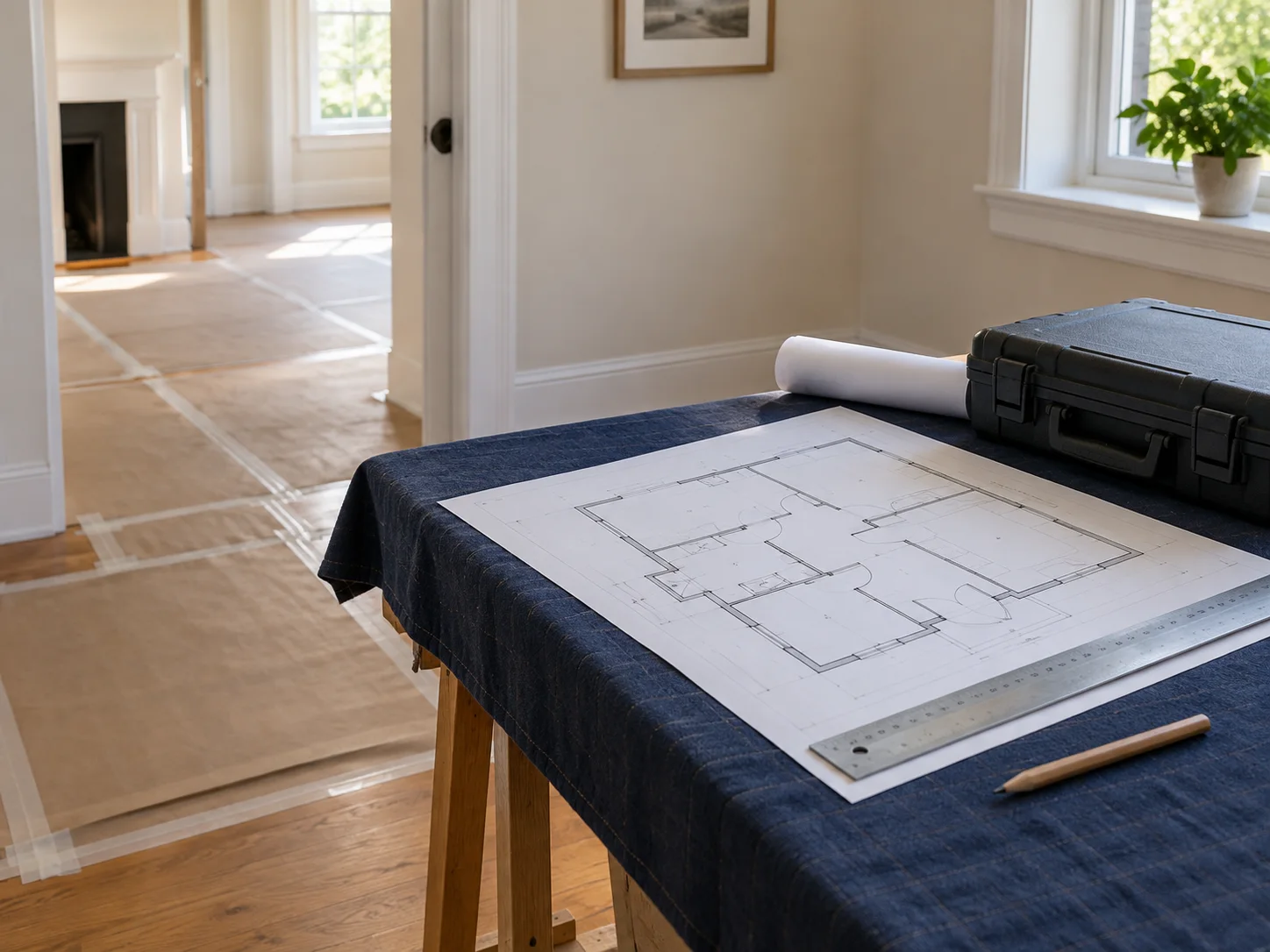 Illustrative home renovation planning workspace with a floor plan, closed tool case, and protected flooring
