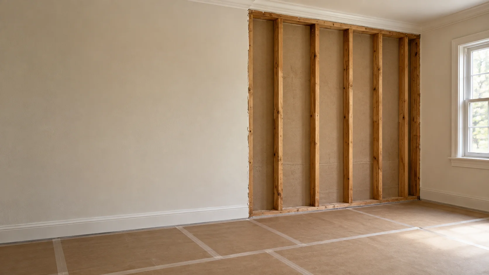 Illustrative room prepared for renovation with selective wall access, intact timber framing, and neatly protected flooring