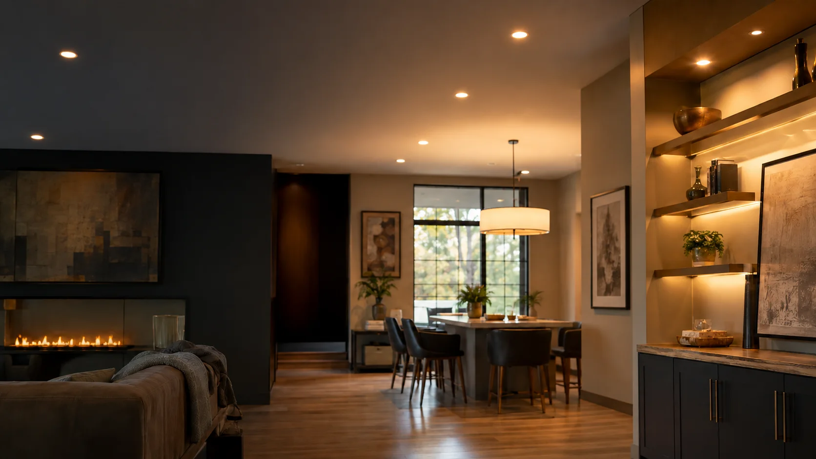 Illustrative people-free living and dining interior with recessed, pendant, and illuminated-shelf lighting