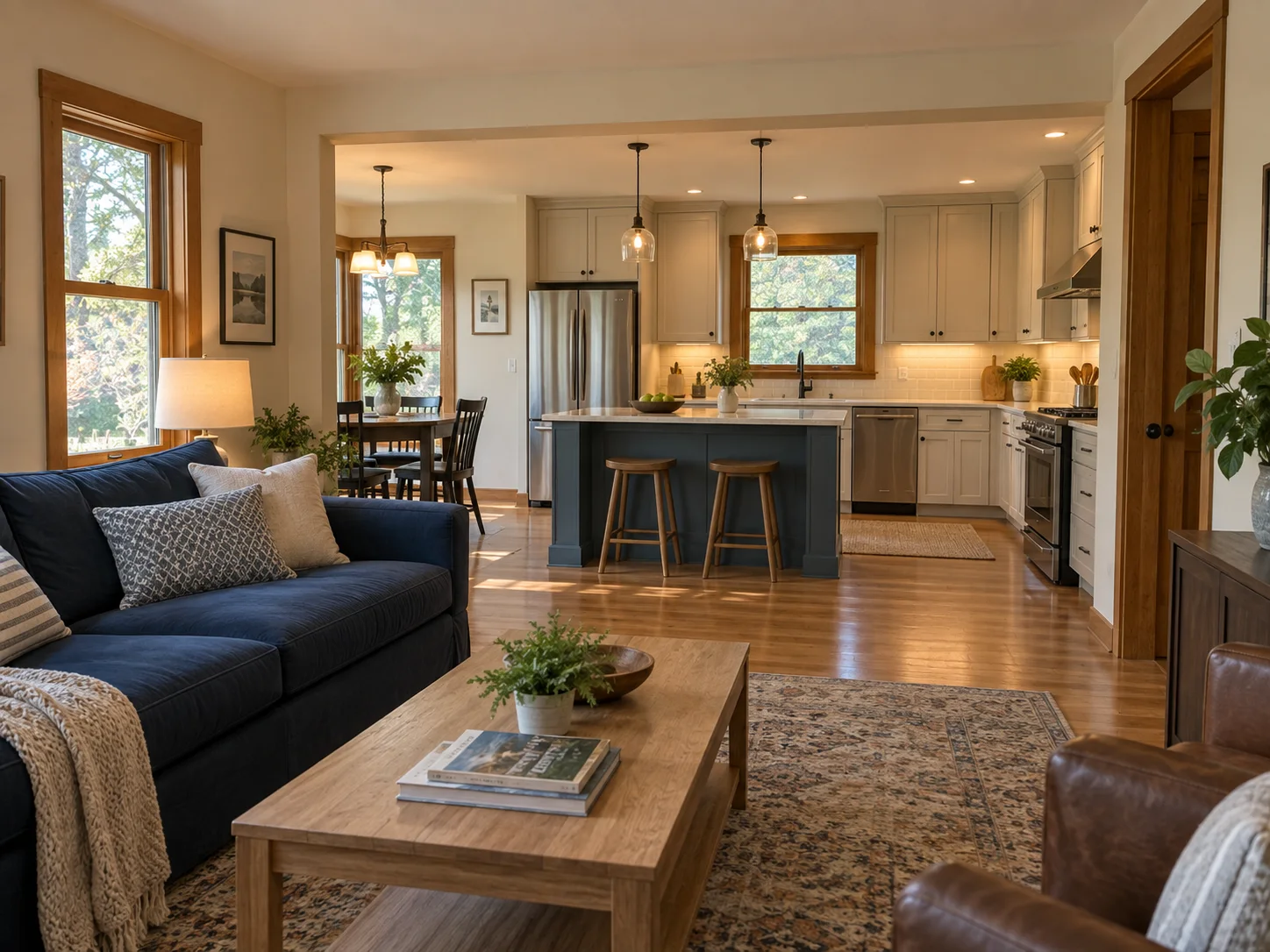 Illustrative view of a comfortable living room opening into a kitchen with pendant and under-cabinet lighting