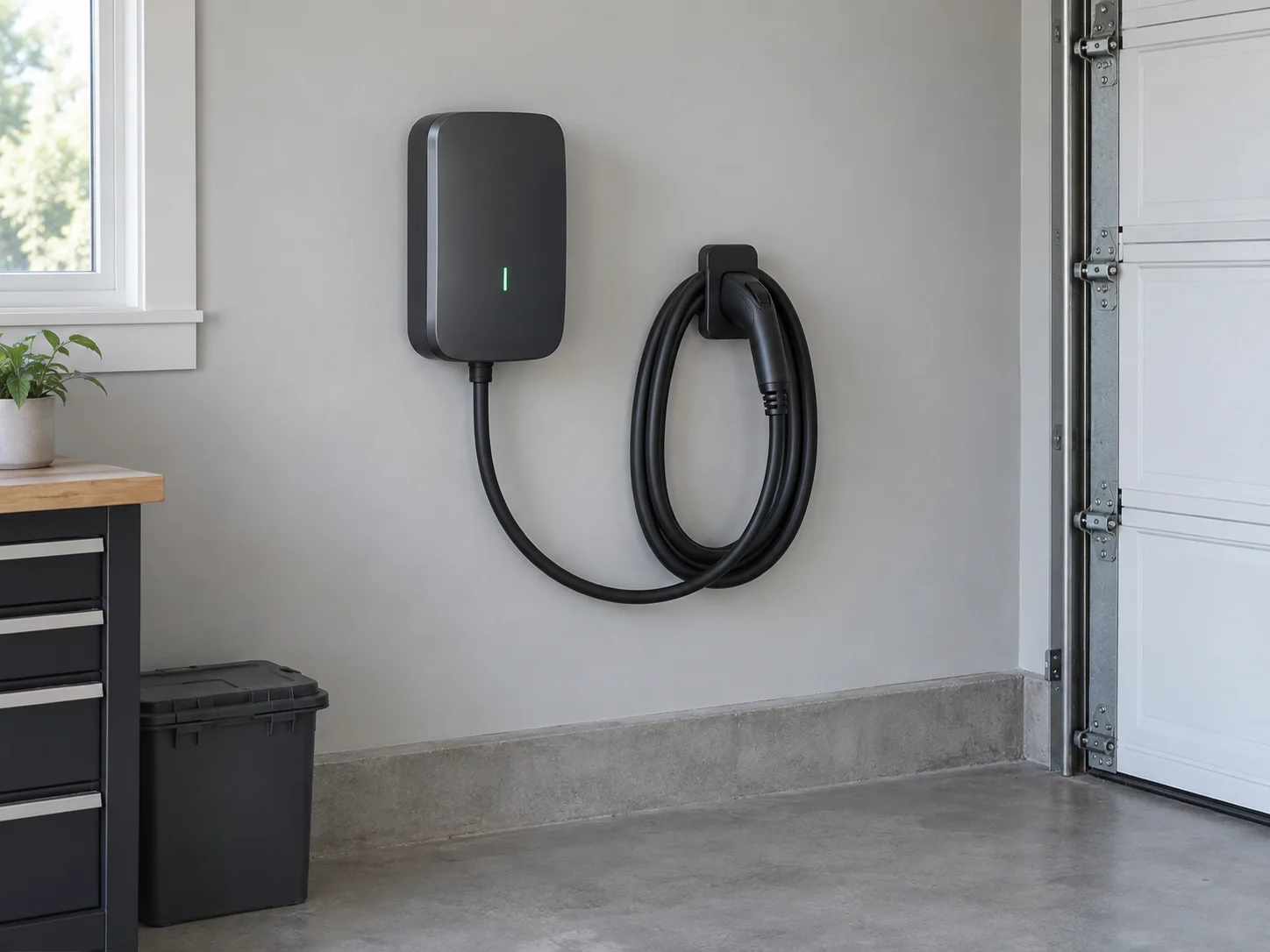 Illustrative garage with a wall-mounted EV charger and its cable neatly stored above the floor.