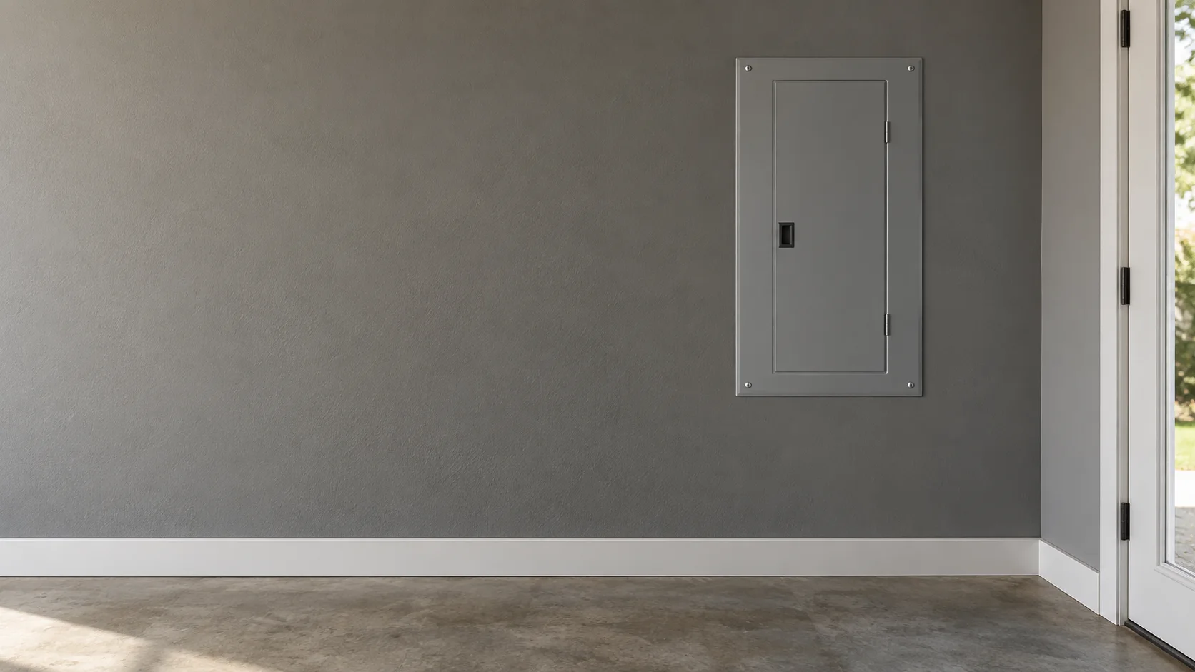 Illustrative view of a closed electrical panel in a clean, finished utility area.